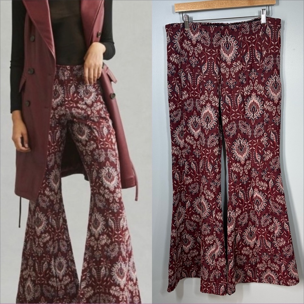 Anthropologie Damask Jacquard Floral Flare Leg Pants Botanical‎ Retro Boho Sz 12